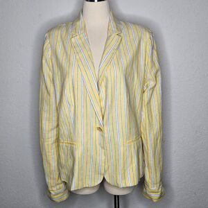 Draper James RSVP Blazer XXL Yellow Blue Stripe Linen Cotton Blend Jacket Women